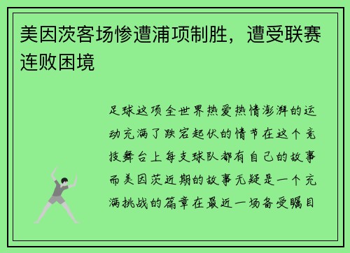 美因茨客场惨遭浦项制胜,遭受联赛连败困境